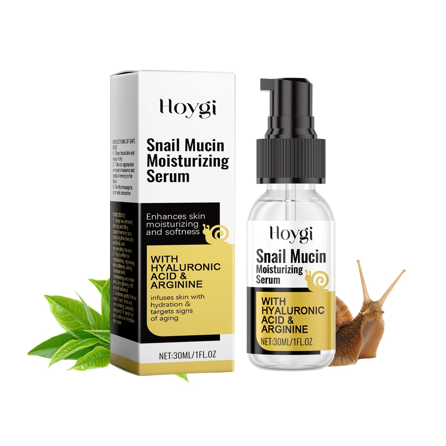 Hoygi Snail Mucin Moisturizing Serum 30ml pump bottle with hyaluronic acid and arginine, shown with packaging box