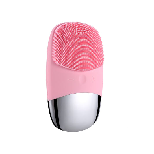 Sonic silicone facial cleansing brush in pink with soft bristle head