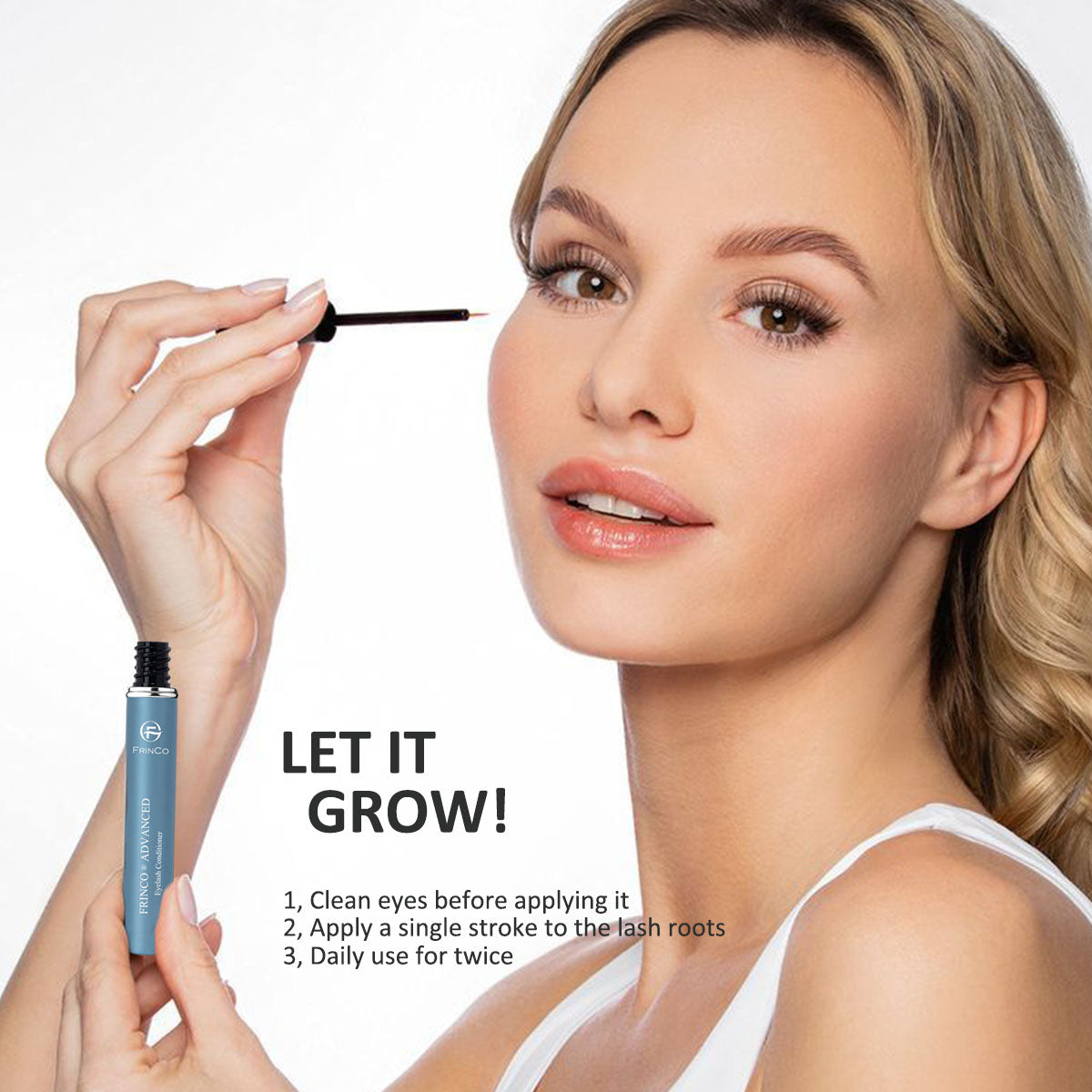 Applying FRINCO eyelash serum along the upper lash line