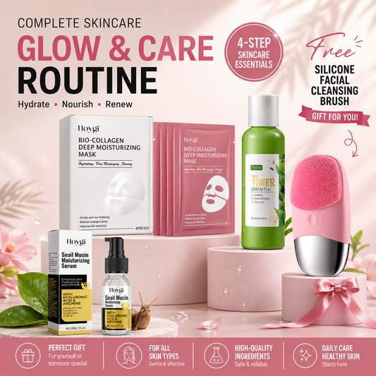 Korean glass skin 4-step skincare bundle: Hoygi bio-collagen mask 4-pack, Hoygi snail mucin serum, Fenyi green tea toner, and free pink sonic silicone facial cleansing brush on a pink podium display