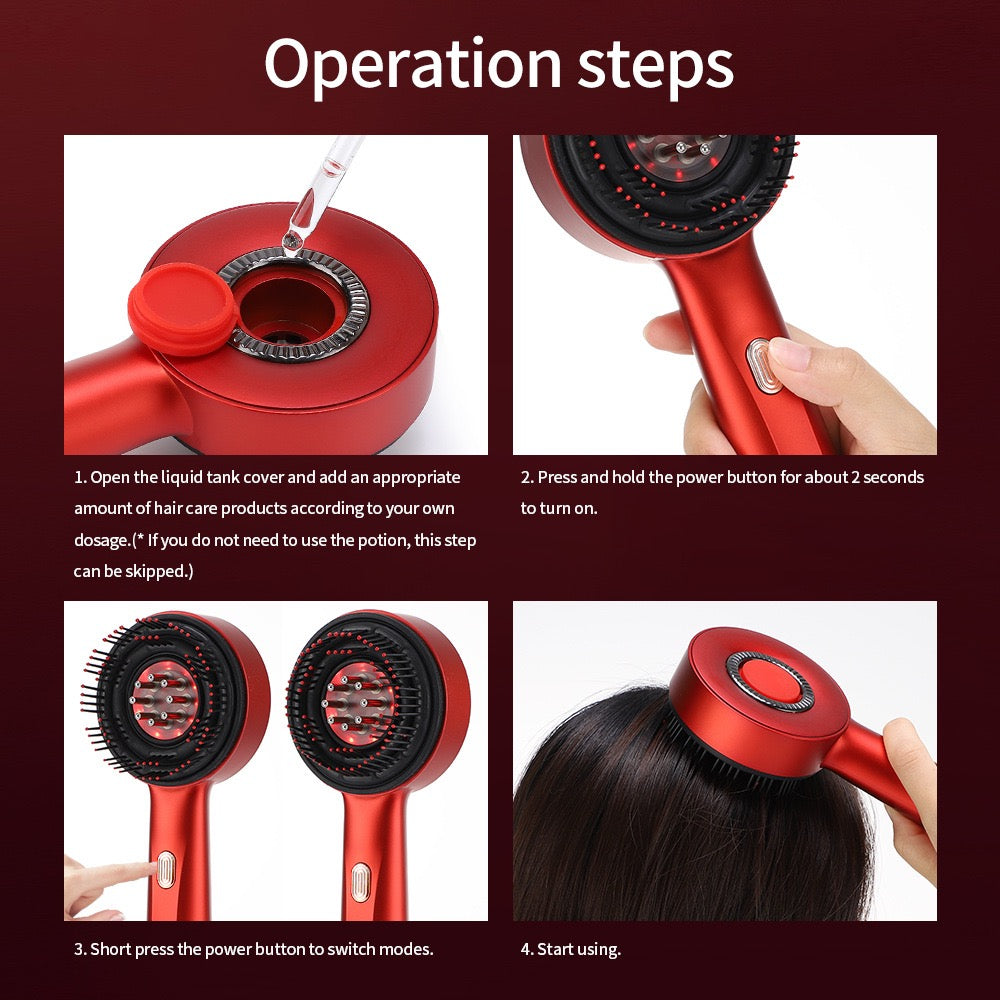 ScalpRevive Pro operation steps: fill the serum tank, power on, switch modes, start massaging