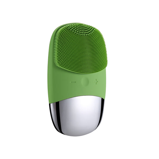 Woman using sonic silicone cleansing brush on her face