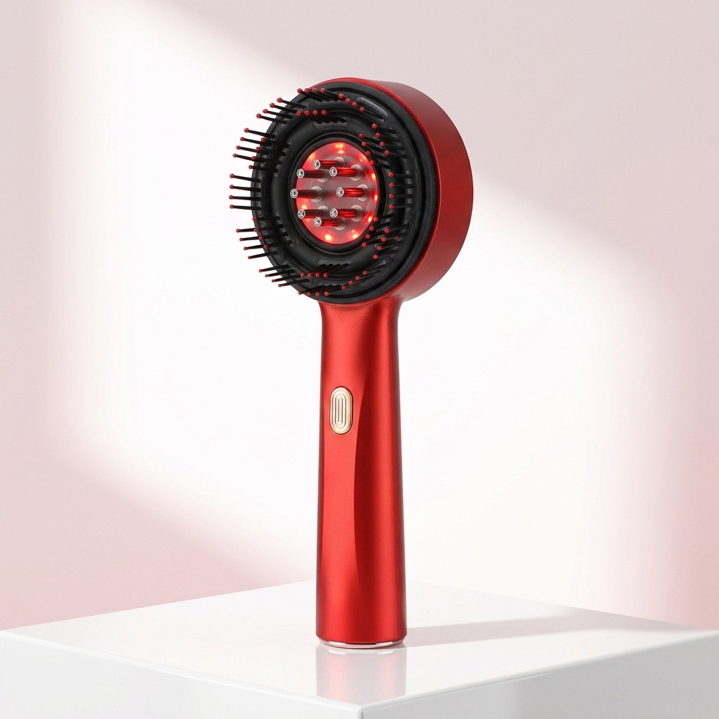 ScalpRevive Pro red light scalp massager comb on white pedestal