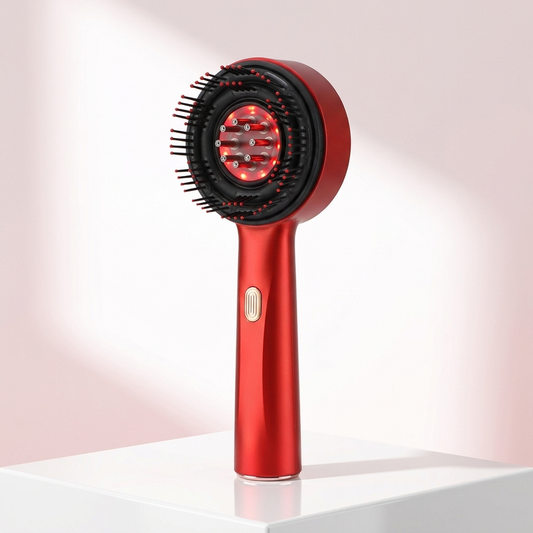 ScalpRevive Pro red light scalp massager comb on white pedestal