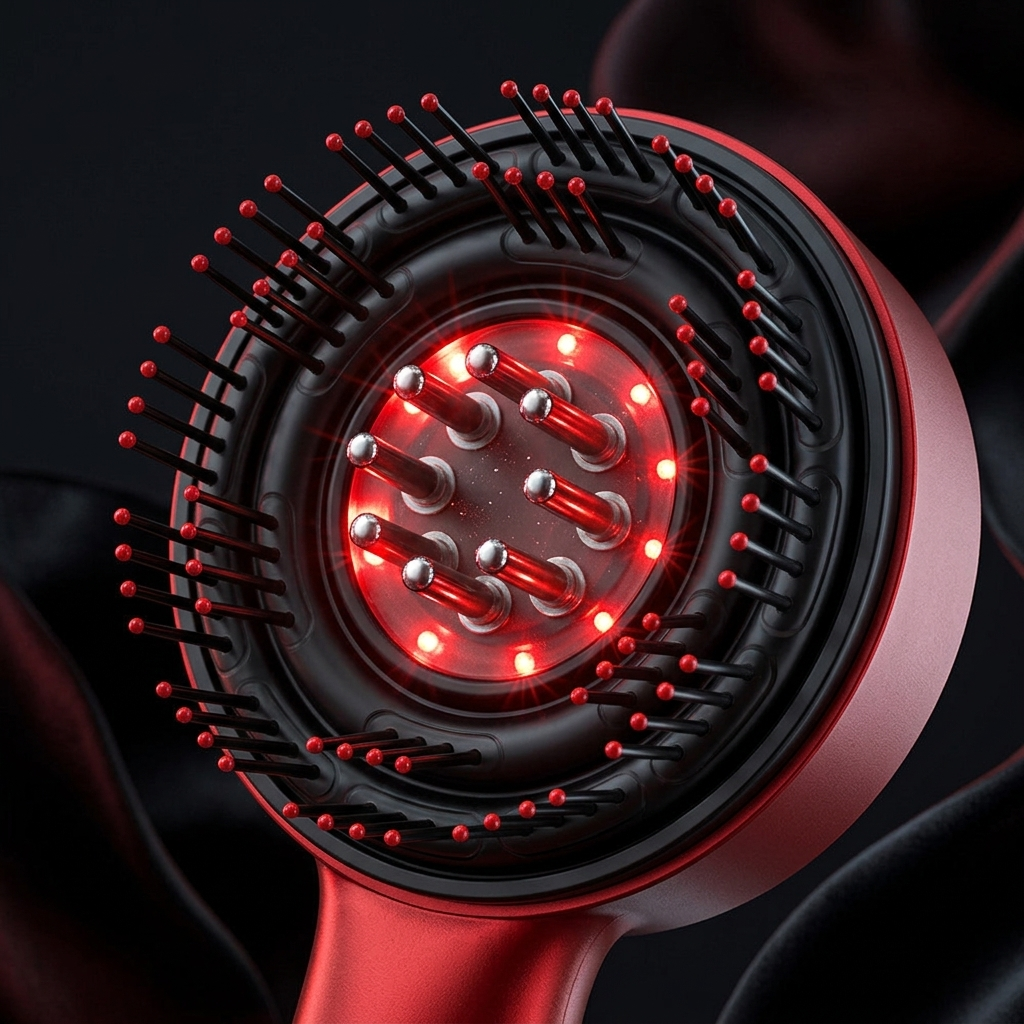 Close-up of ScalpRevive Pro 630nm red light and massage bristles