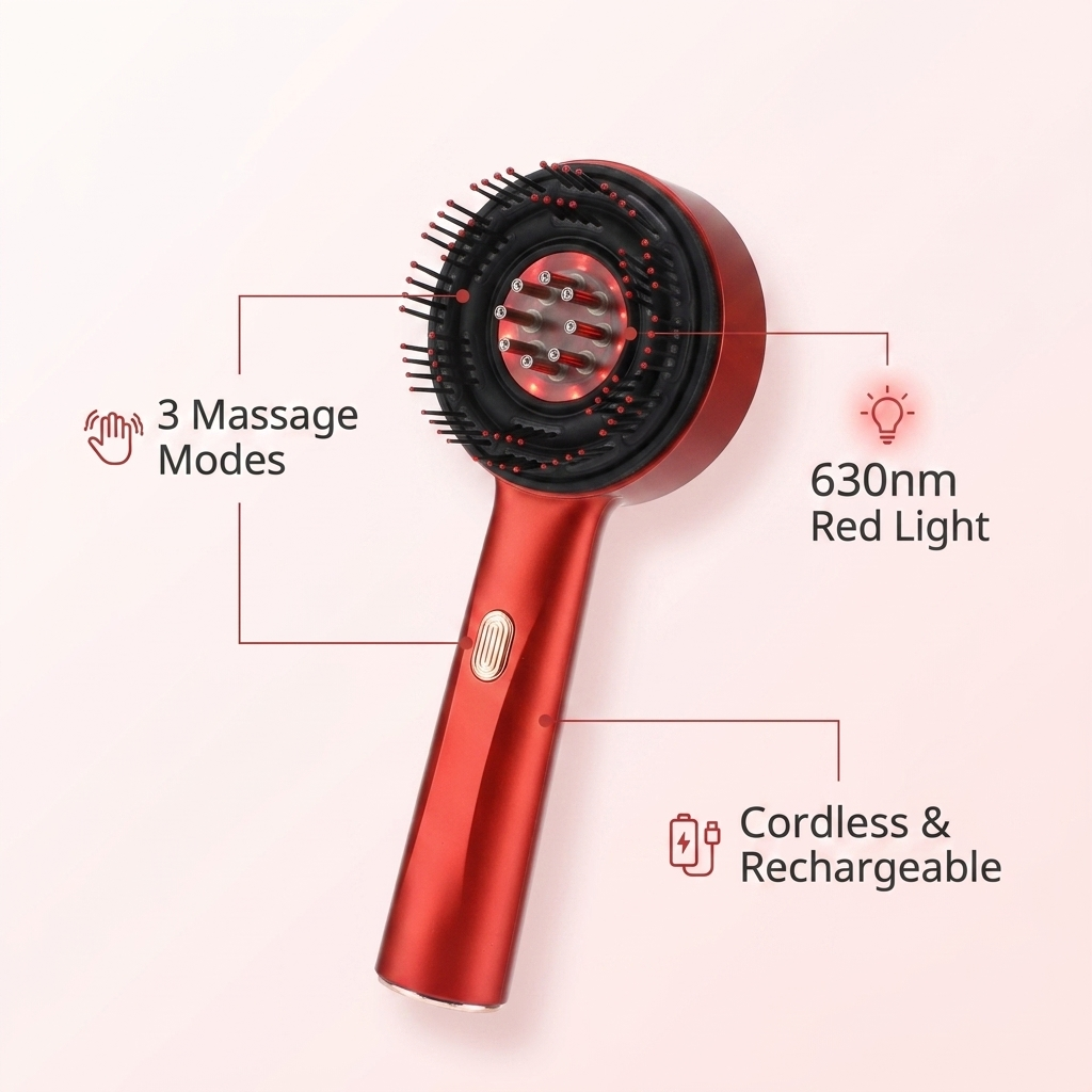 ScalpRevive Pro features: 3 massage modes, 630nm red light, cordless