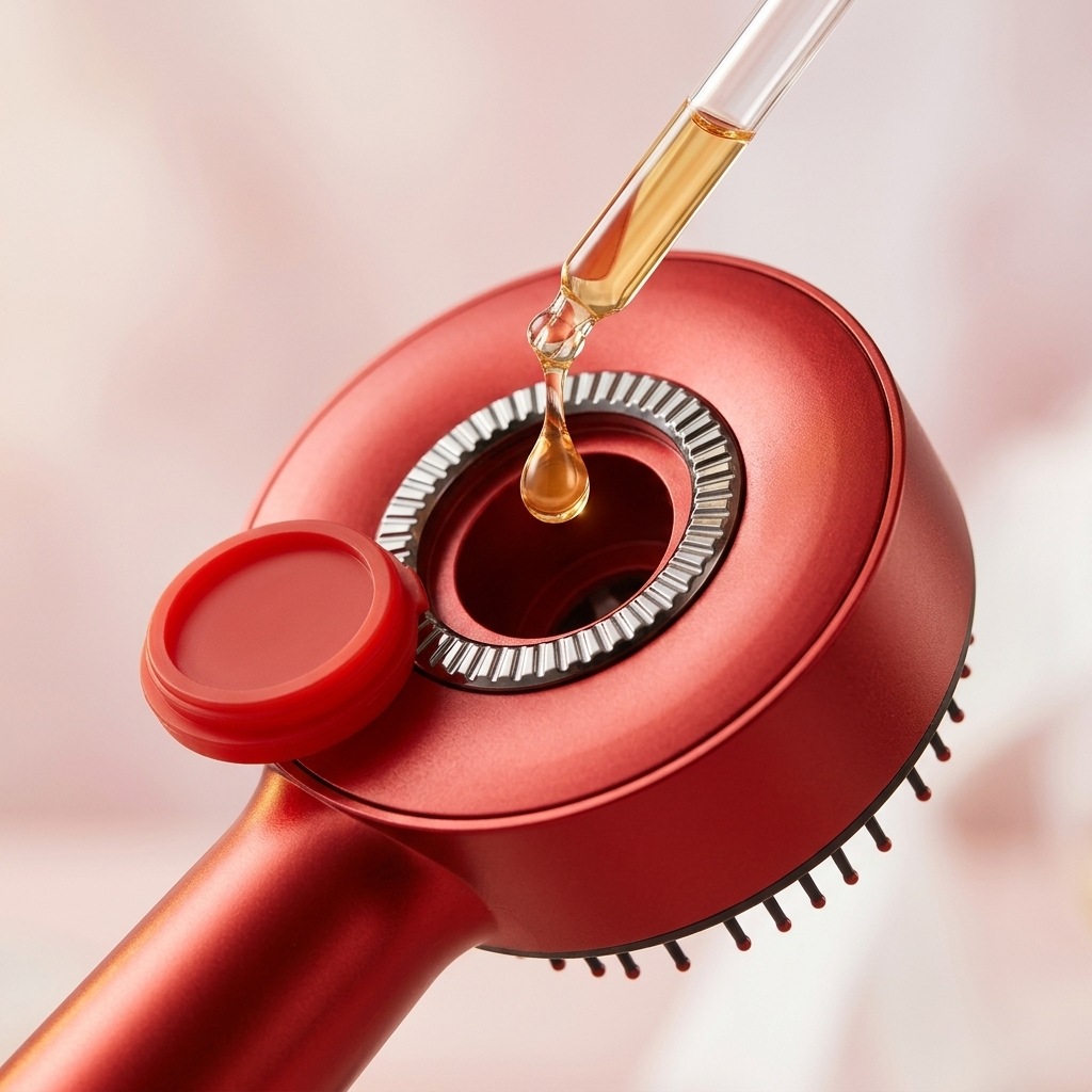 Dropper filling the ScalpRevive Pro built-in serum tank with hair oil